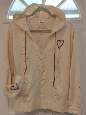 Merci Cream Heart Knit Hoodie with Multicolor Trim Size M